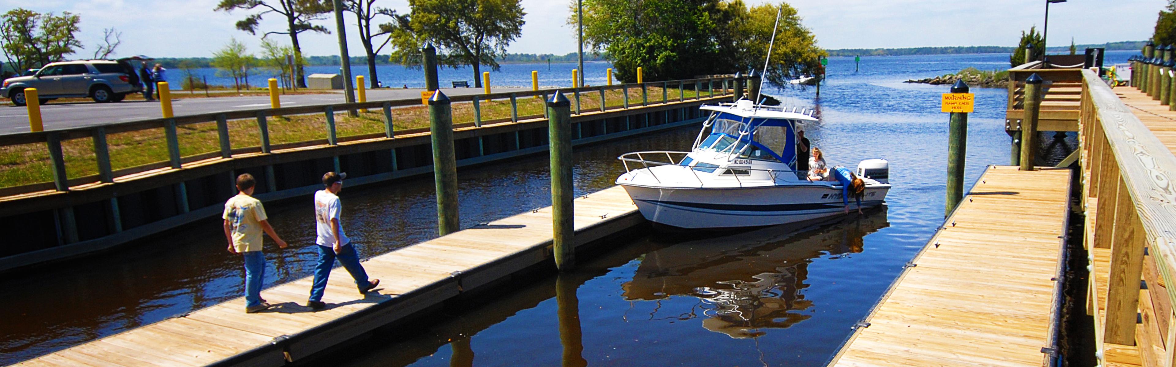 Boat docks and ramp at the marina at Carolina Beach State Park